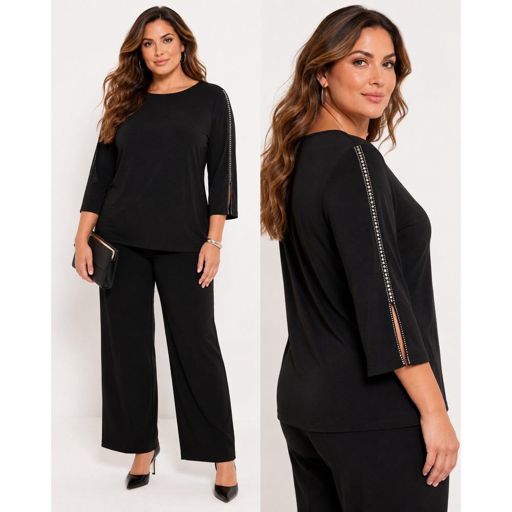 Susan Graver Top Women's 2X Black Rhinestone Sleeve Split Cuff Dressy